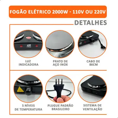 foto de Fogão de Mesa Elétrico INMA de 2 Bocas para Camping e Viagem, em Inox