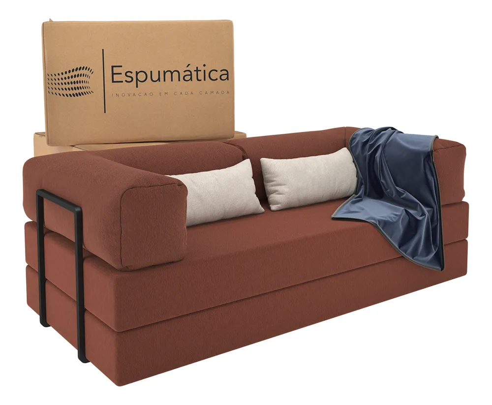 foto de Puff Sofá 2 Em 1 Na Caixa Que Vira Cama Casal Pufe Moderno Cor Terracota Design Industrial