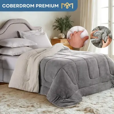 foto de Coberdrom Sherpa Casal Queen Dupla Face Ultra Quente Com Lã Carneiro Peluciado Macio Acabamento Premium Cor Cinza