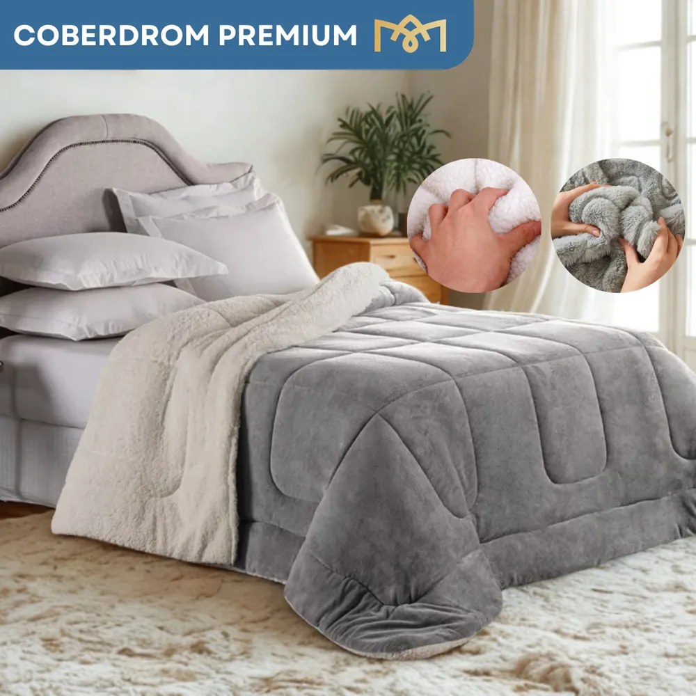 Coberdrom Sherpa Casal Queen Dupla Face Ultra Quente Com Lã Carneiro Peluciado Macio Acabamento Premium Cor Cinza