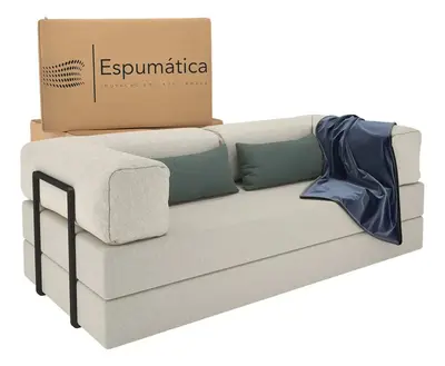 foto de Puff Sofá Cama Cor Nude/bege Casal 2 Em 1 Na Caixa Industrial Pufe Moderno