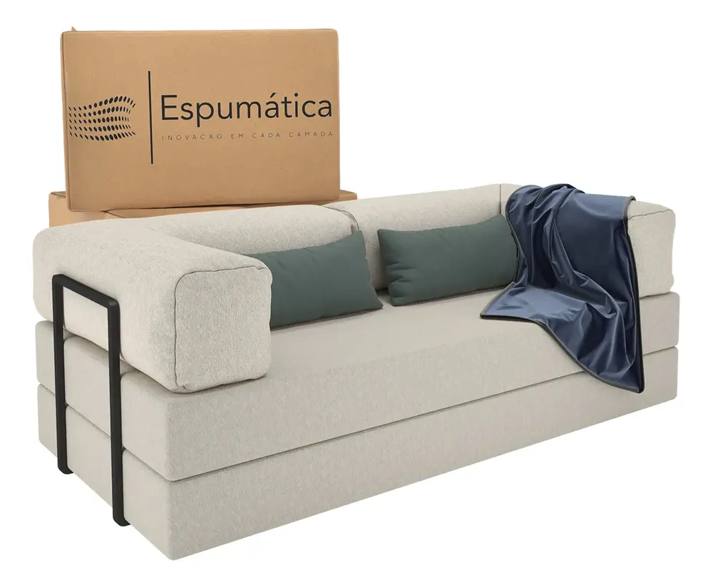 foto de Puff Sofá Cama Cor Nude/bege Casal 2 Em 1 Na Caixa Industrial Pufe Moderno