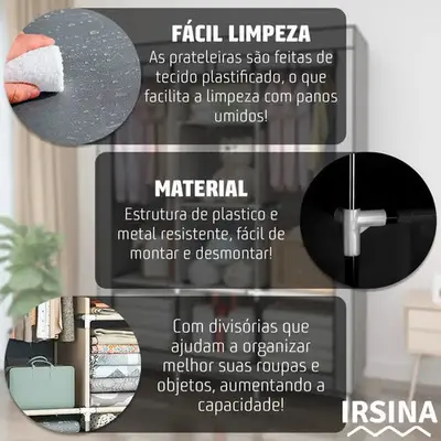 foto de Guarda Roupa Dobrável Irsina Colmeia Cinza 8 Divisões 3 Portas Portátil