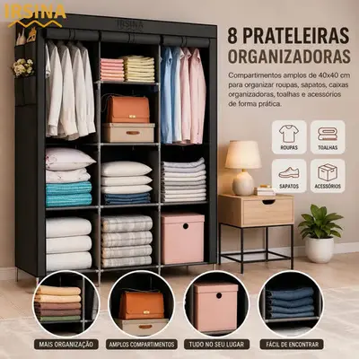 foto de Guarda Roupa Dobrável Irsina Colmeia Cinza 8 Divisões 3 Portas Portátil