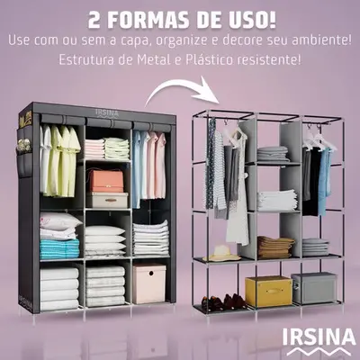 foto de Guarda Roupa Dobrável Irsina Colmeia Cinza 8 Divisões 3 Portas Portátil