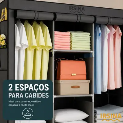 foto de Guarda Roupa Dobrável Irsina Colmeia Cinza 8 Divisões 3 Portas Portátil