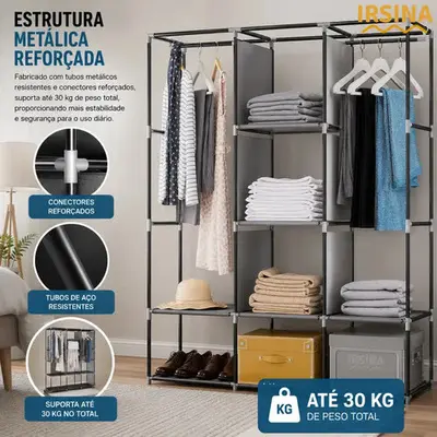 foto de Guarda Roupa Dobrável Irsina Colmeia Cinza 8 Divisões 3 Portas Portátil