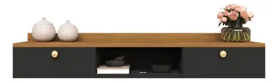 foto de Rack Suspenso Home Para Tv Bancada Flutuante 2 Portas Sala Quarto Preto Freijó