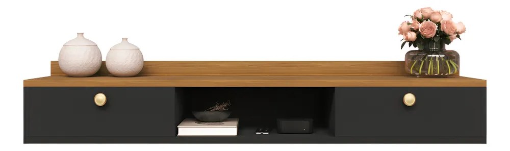 Rack Suspenso Home Para Tv Bancada Flutuante 2 Portas Sala Quarto Preto Freijó
