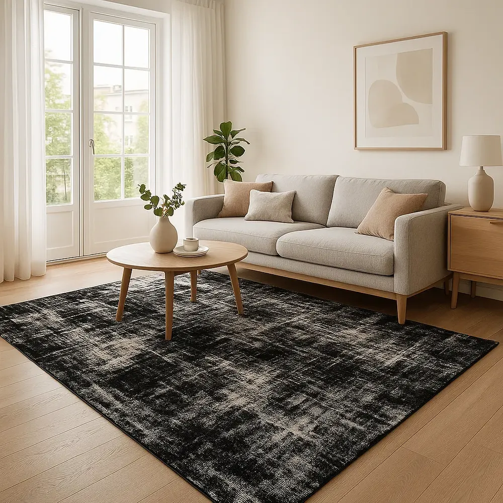foto de Tapete Encantalar Jacquard 3x2m Antiderrapante Preto Sala Quarto