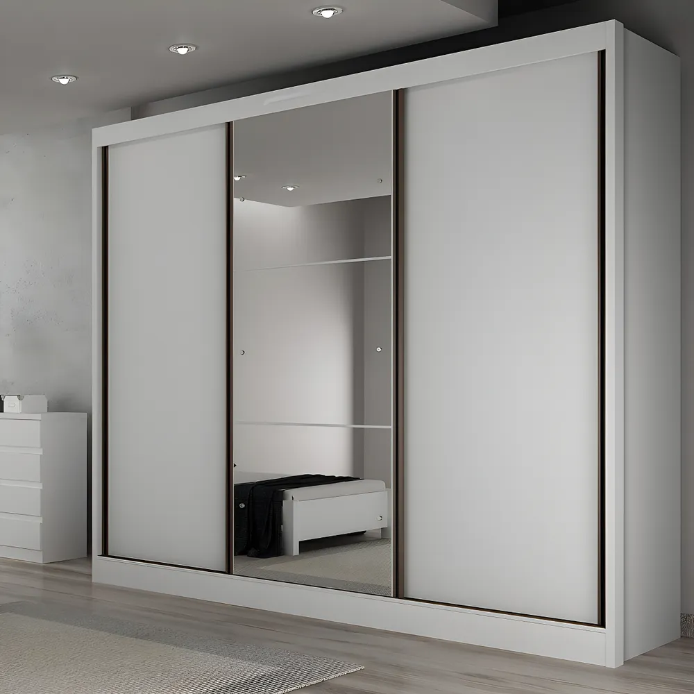 Guarda Roupa Casal Branco Com Espelho 3 Portas 6 Gavetas MDF