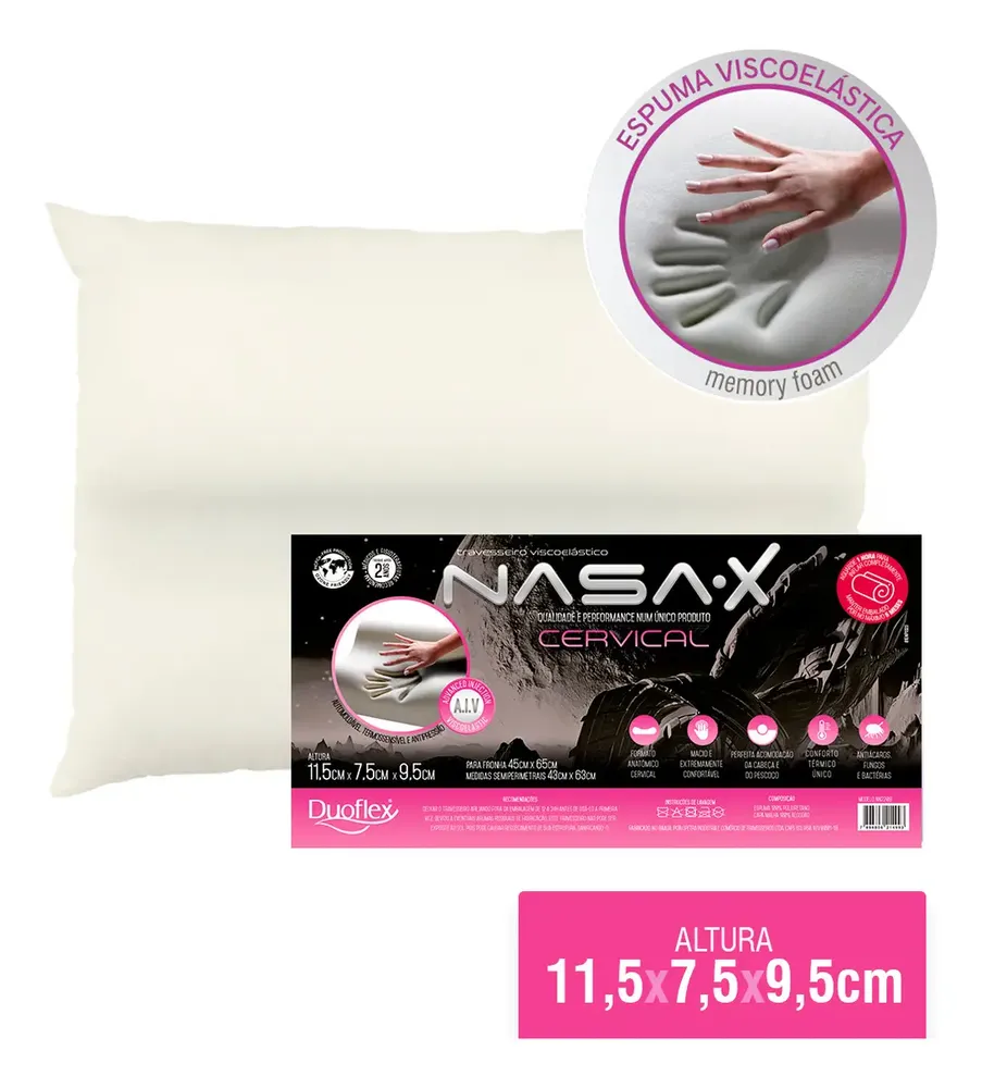Travesseiro Nasa X Cervical Duoflex Altura 11,5x7,5x9,5cm Para Fronha 45x65cm Antiácaro Capa Malha 100% algodão