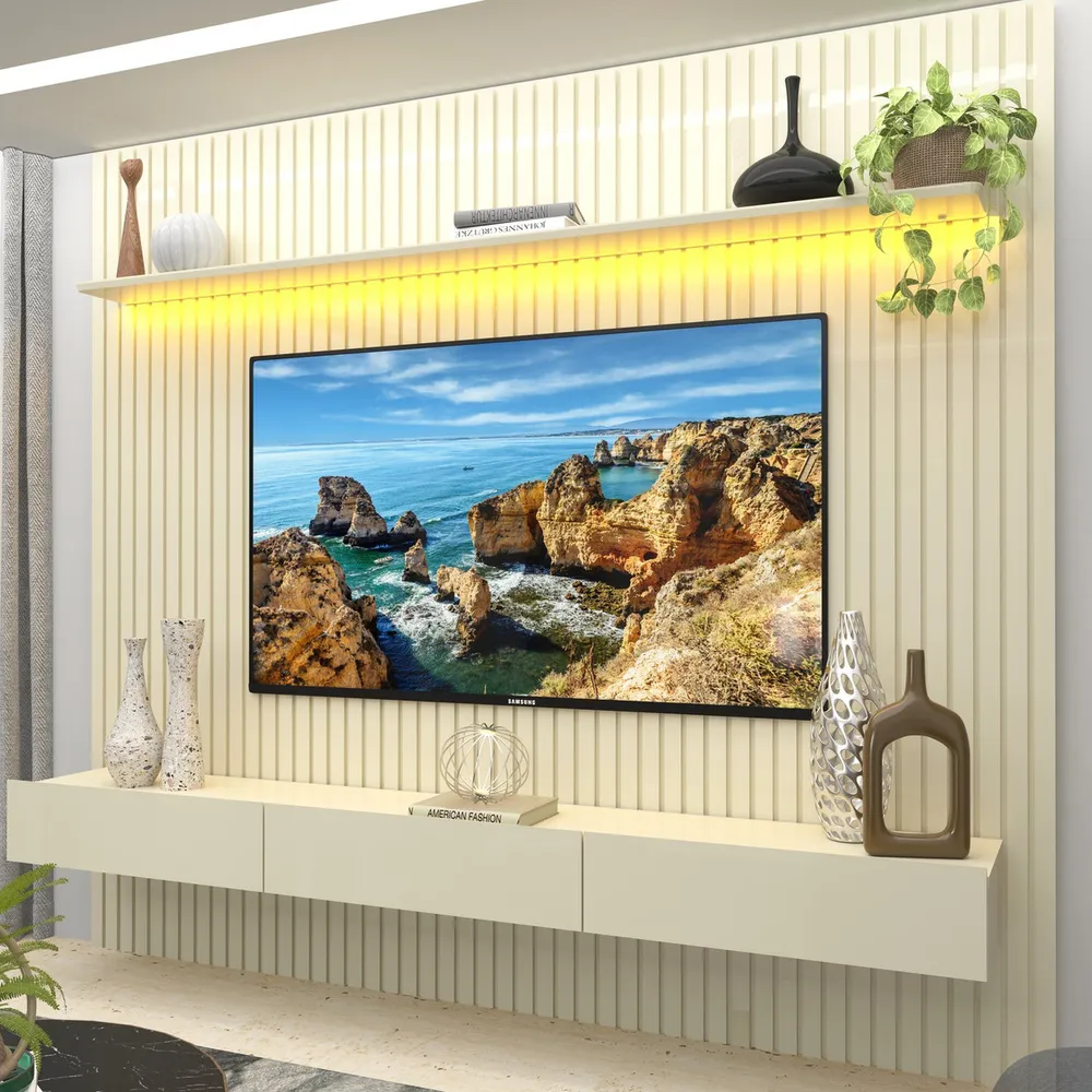 Painel Ripado Tv Até 85 Polegadas Com Led 230cm Nobre