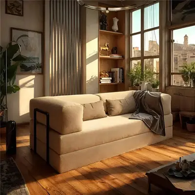foto de Sofá Cama Dobrável Bouclê Bege/nude Na Caixa Modular Compacto Vira Cama Casal Estilo Industrial Para Sala
