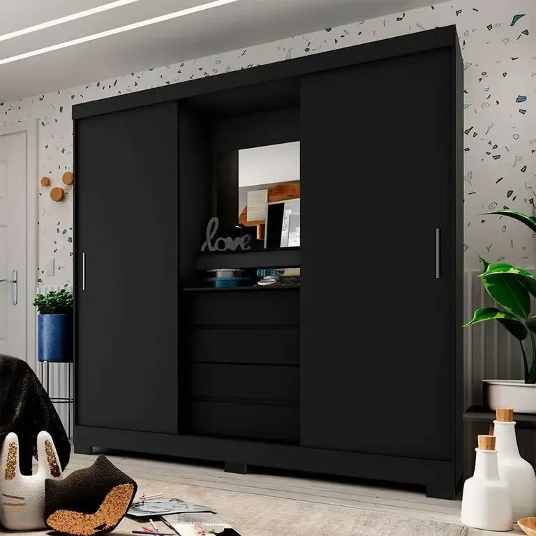 foto de Guarda-roupa Italo Casal 2 Portas De Correr Com Espelho e Porta Jóia Cor Preto Fosco