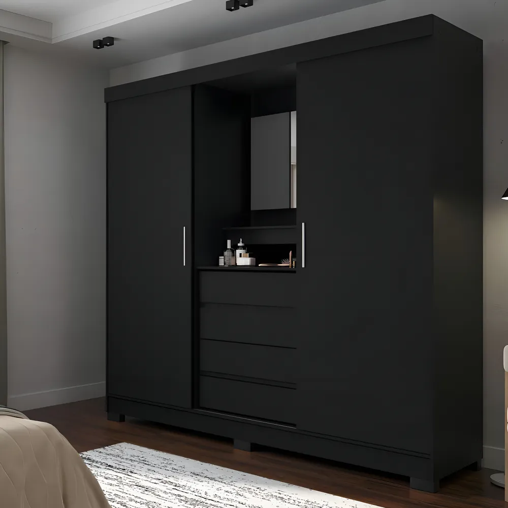 foto de Guarda-roupa Italo Casal 2 Portas De Correr Com Espelho e Porta Jóia Cor Preto Fosco