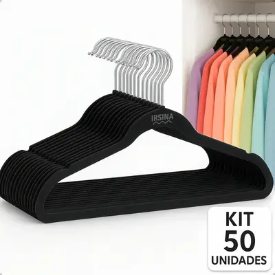 foto de Kit 50 Cabides Veludo Preto Antideslizante Slim IRSINA Aço Inox