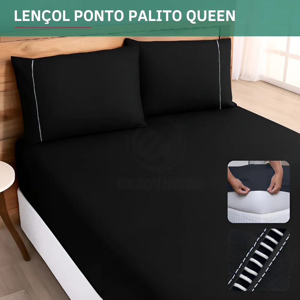 foto de Jogo De Lençol 3 Peças Queen Padrão C/ Elástico 400 Fios Fronha Ponto Palito Super Macio Hotel Luxu Cor Preto Premium