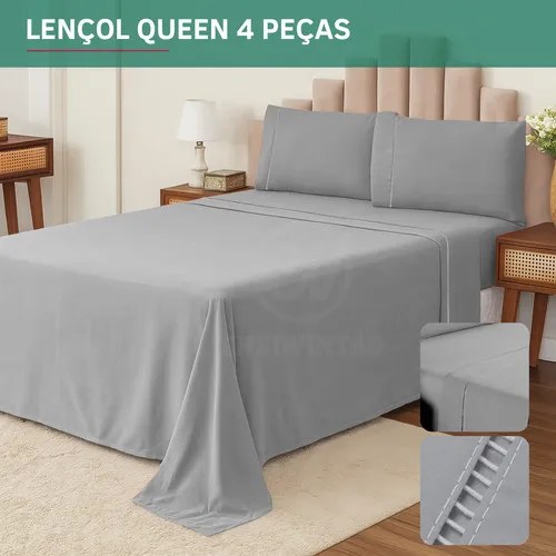 foto de Kit Jogo De Cama Queen Percal 400 Fios Fronha Em Ponto Palito 4 Peças Maciez E Conforto Prolongado Cor Cinza Premium