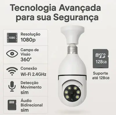 foto de Câmera Lâmpada Jortan Giratória 360° Visão Noturna Wi-Fi Full HD E27