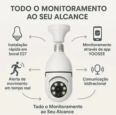 foto de Câmera Lâmpada Jortan Giratória 360° Visão Noturna Wi-Fi Full HD E27