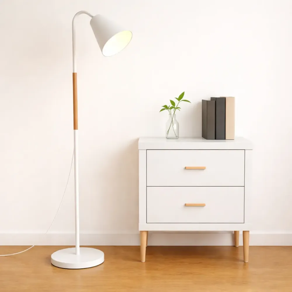 foto de Luminária Abajur Metal Articulada Pedestal Chão Coluna Leitura Cúpula Branco Flexivel 1,6m 110v 220v Bravvi