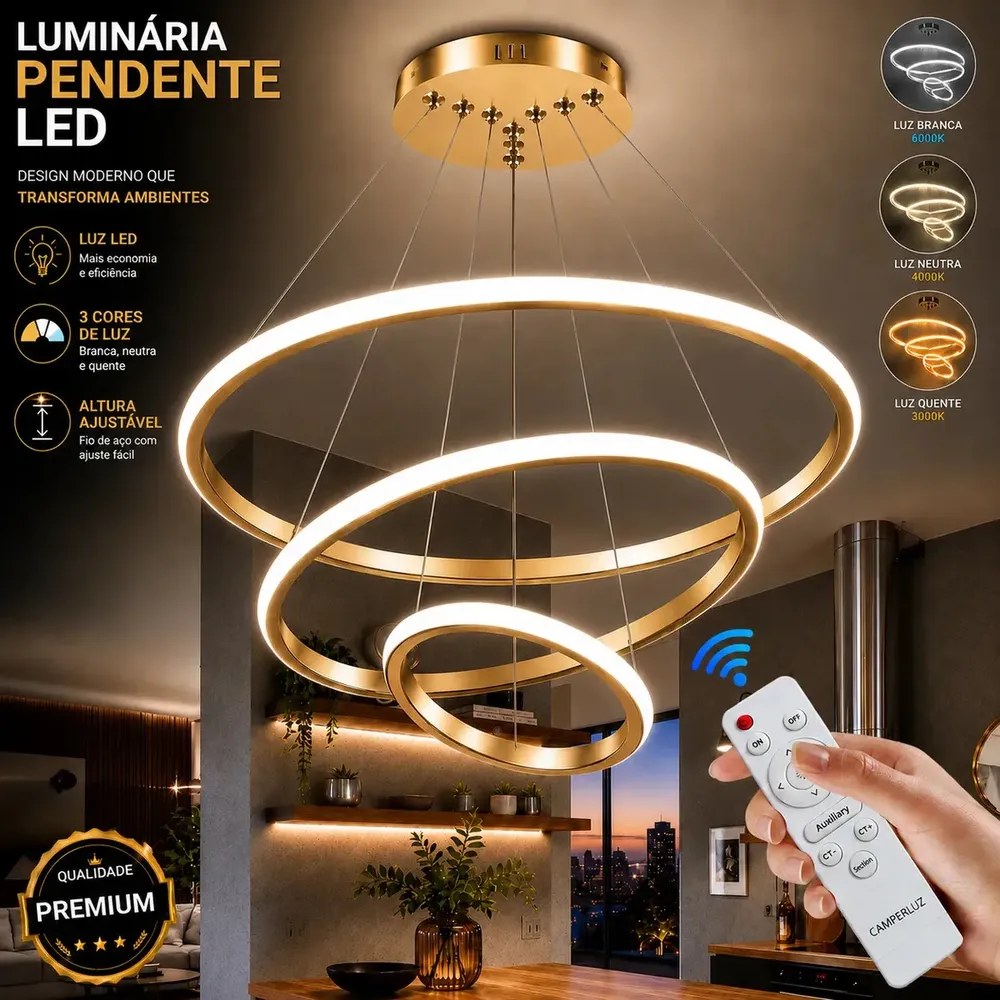 foto de Lustre Led Sala Moderno 72W 3 Arcos Pendente Luminária Teto Lustre Sala De Jantar Com Controle Luxo Moderno Cozinha Luminaria De Teto Para Sala Marca Camperluz