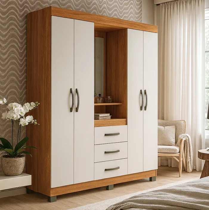 Guarda Roupa Casal 4 Portas Roupeiro Com Gavetas E Espelho Cor Freijó Com Off White