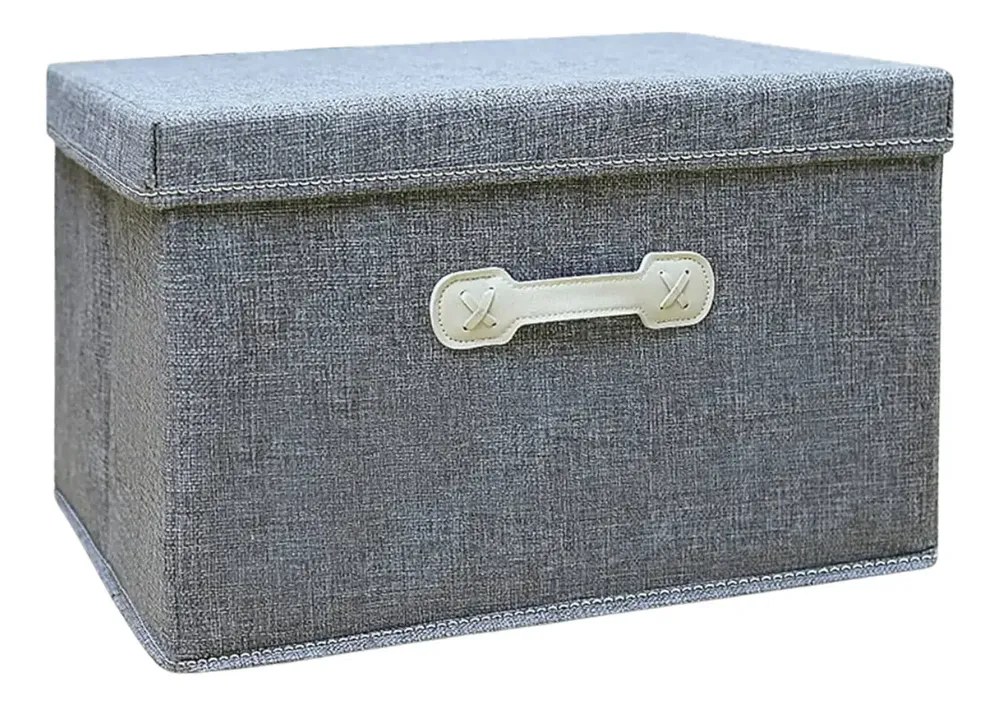Organizadora Caixa Cesto Cinza Dobrável Guarda Roupa Tampa 40x30x25cm Lisa