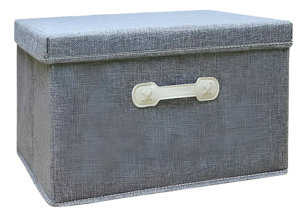 foto de Organizadora Caixa Cesto Cinza Dobrável Guarda Roupa Tampa 46x36x28cm Lisa