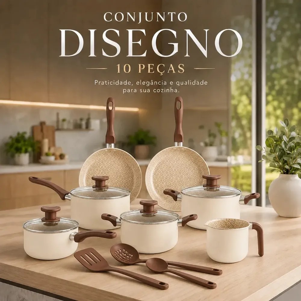 Jogo De Panelas 10 Peças Antiaderente Teflon ivory – Linha Familiar Para Cozinha Completa, Ideal Para Fritura, Arroz, Vapor – Alumínio Com Tampa De Vidro – Fogão Gás Elétrico