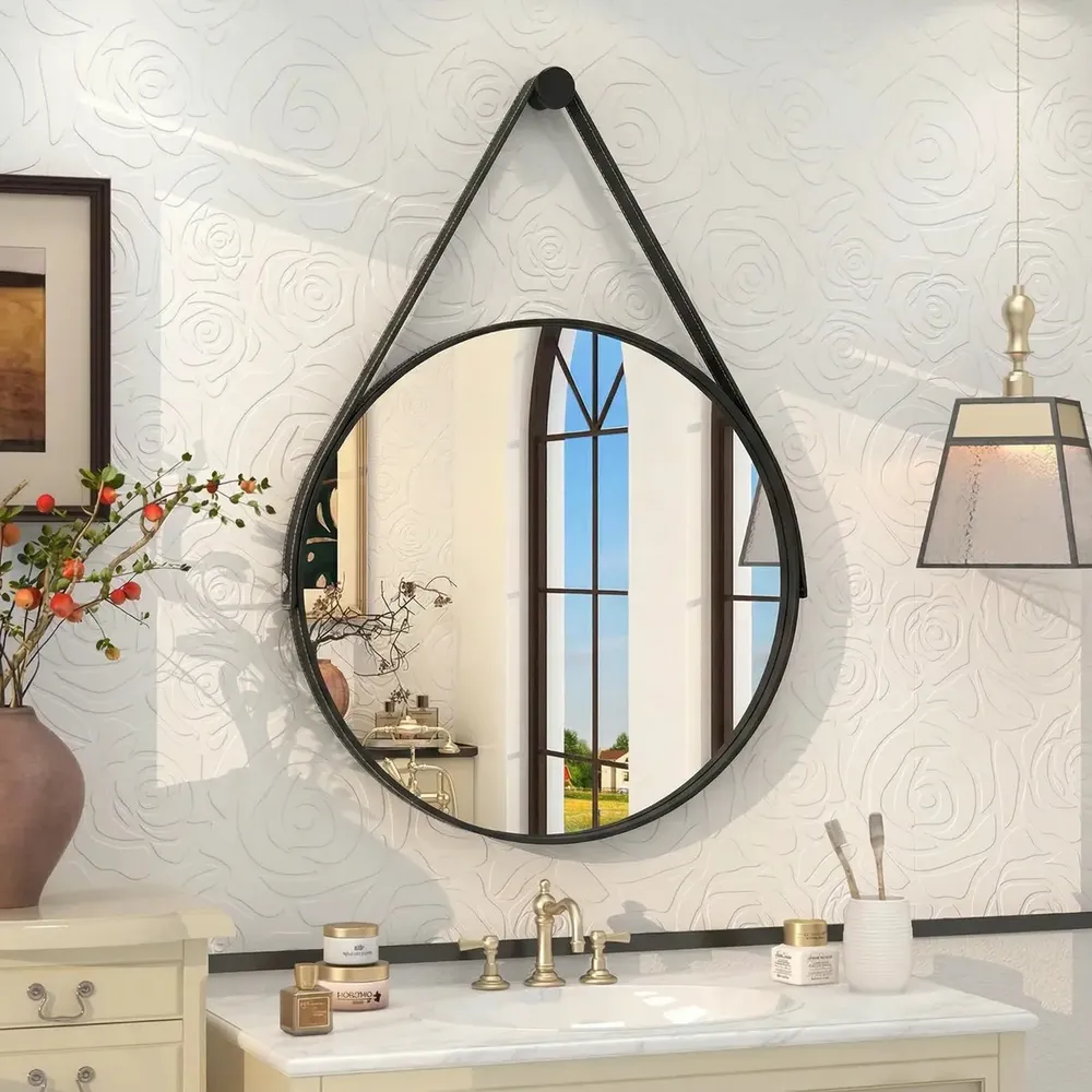 foto de Espelho Redondo 60cm Adnet Alça de Couro Preto Dupla Costura e Suporte em Alumínio Quarto, Banheiro, Sala MF901