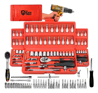 foto de Jogo De Soquete Aço Crv 1/4 Catraca Chave Allen Kit Ferramentas C/ Maleta 46 Peças Fenda Philips Tks46 The Black Tools