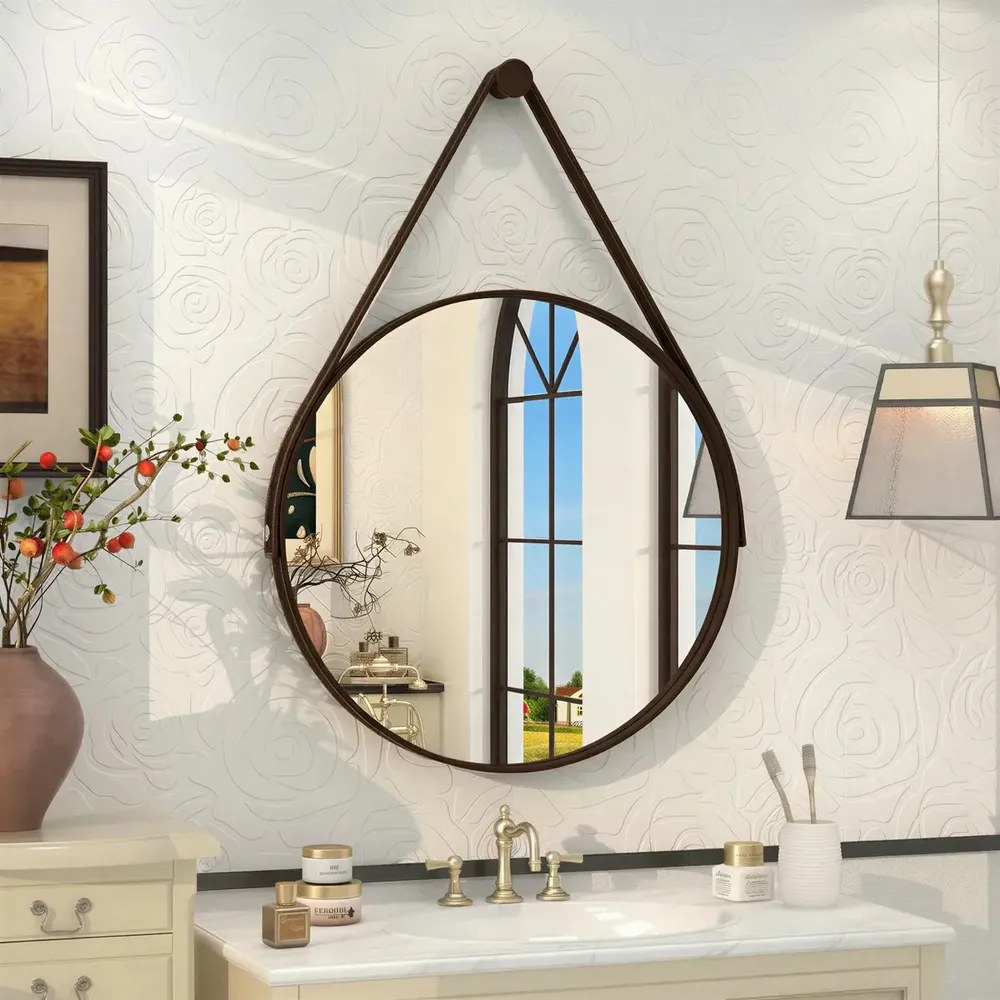 foto de Espelho Redondo 60cm Adnet Alça de Couro Marrom Café Dupla Costura e Suporte em Alumínio Quarto, Banheiro, Sala MF901