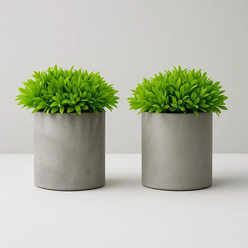 Kit 2 Mini Vasos Cachepot Cimento Fosco E Planta Artificial