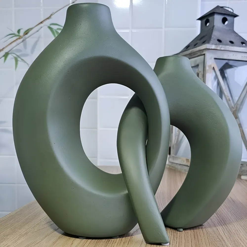 Vaso Decorativo Enfeite Mônaco Em Cerâmica Entrelaçado Sala Cor Verde-escuro Fosco