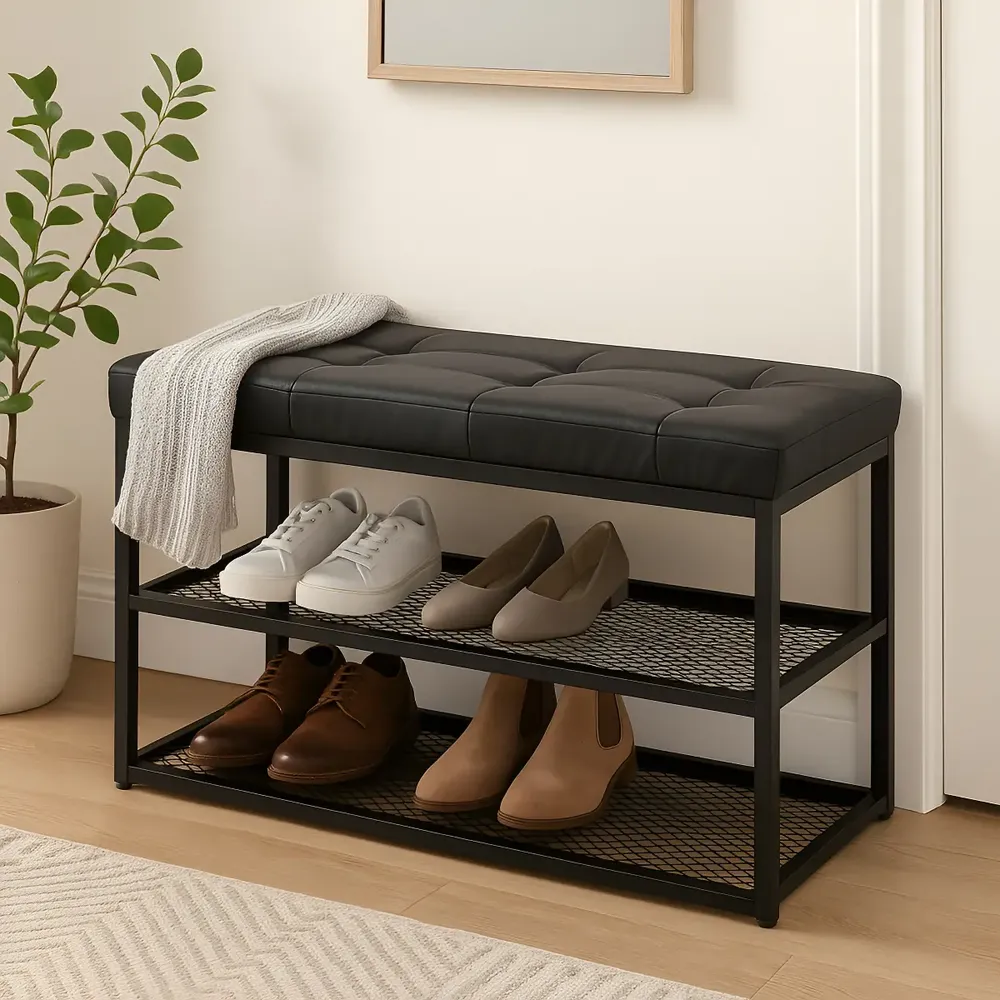 Banco Sapateira Estofado Industrial Aço Preto 60cm Estudio Steel