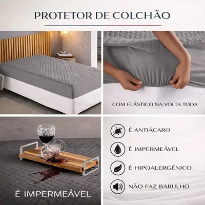 foto de Capa Impermeável Para Colchão Casal, King, Queen Ou Solteiro Cinza Matelassê Ultrassônico Acolchoado Impermeável
