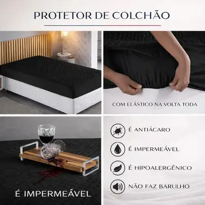 foto de Capa Impermeável Para Colchão Casal, King, Queen Ou Solteiro Preto Matelassê Ultrassônico Acolchoado Impermeável