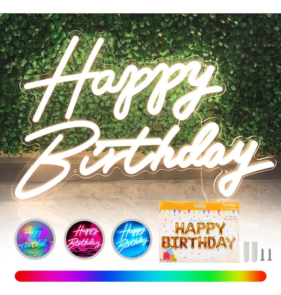 Painel Luminária RGB Letreiro Neon LED Happy Birthday Aniversário Letreiros Luminosos Neon Letreiro LED Happy Birthday LED Festas
