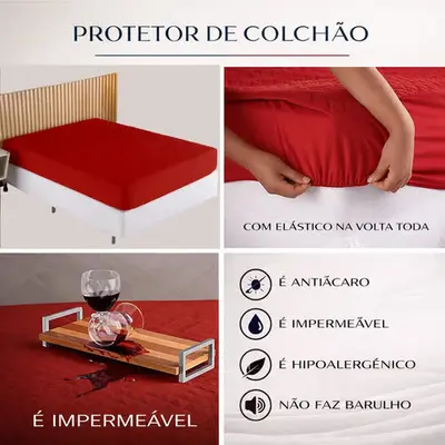 foto de Capa Impermeável Para Colchão Casal, King, Queen Ou Solteiro Vermelho Matelassê Ultrassônico Acolchoado Impermeável