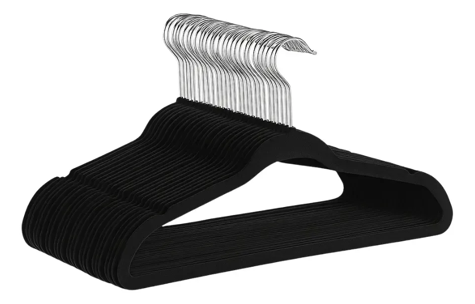 Cabide Veludo Preto Antiderrapante Slim Kit 50 Unidades Com Gancho Giratório