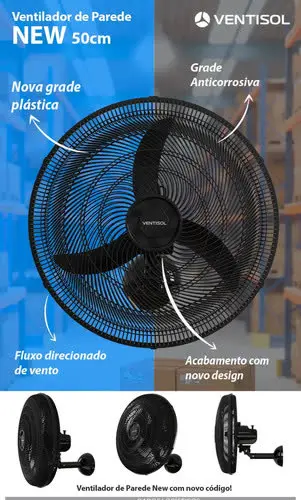 foto de Ventilador De Parede Ventisol New Azul 3 Velocidades Estrutura Preto Diâmetro 50 Cm Material Das Pás Plástico