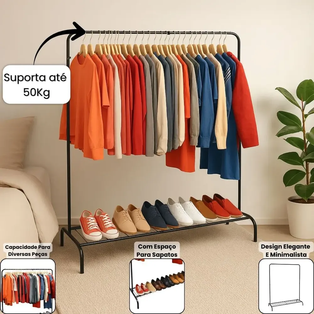 foto de Cabideiro Arara De Roupas De Chão Com Sapateira Inclusa Moderno Loja Quarto Organizador Em Aço Suporta 50kg Preto