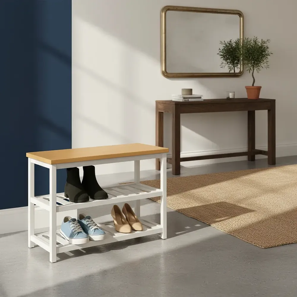 Sapateira Banco Industrial Love Loft Ferro e Madeira Branco 60cm Com Assento