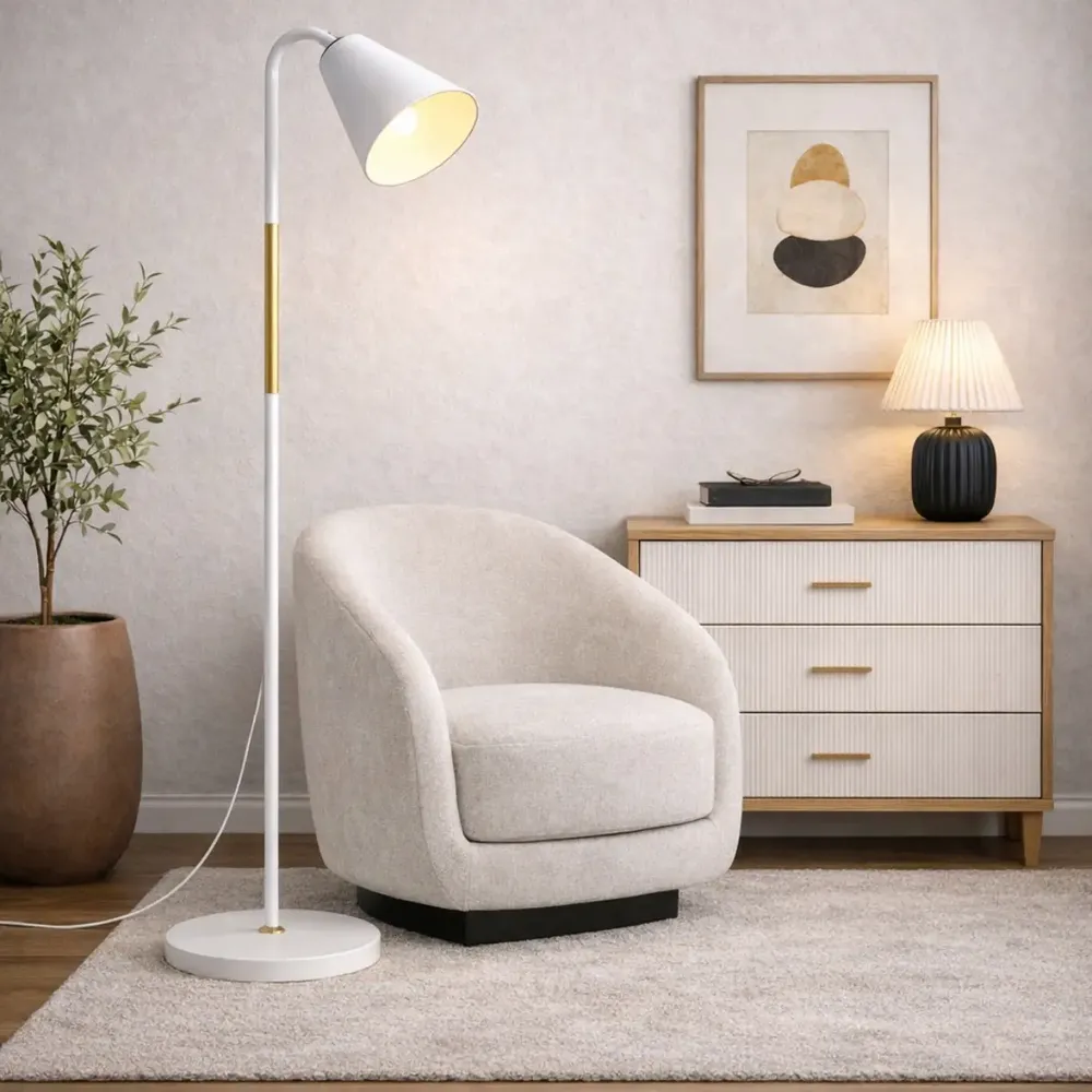 foto de Luminária de Chão Abajur Articulada 1,6m Flexível Coluna Piso Leitura Quarto Sala Cúpula Branco e Dourado Bivolt Bravvi