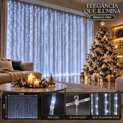 foto de Pisca Cortina 300 Leds 3x3m Usb Ip44 8 Modos Iluminação Luzes Fada Decoração De Natal Festa Branco Frio Luvinco