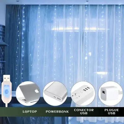 foto de Pisca Cortina 300 Leds 3x3m Usb Ip44 8 Modos Iluminação Luzes Fada Decoração De Natal Festa Branco Frio Luvinco