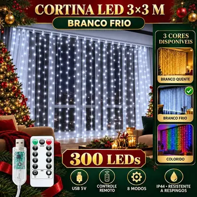 foto de Pisca Cortina 300 Leds 3x3m Usb Ip44 8 Modos Iluminação Luzes Fada Decoração De Natal Festa Branco Frio Luvinco