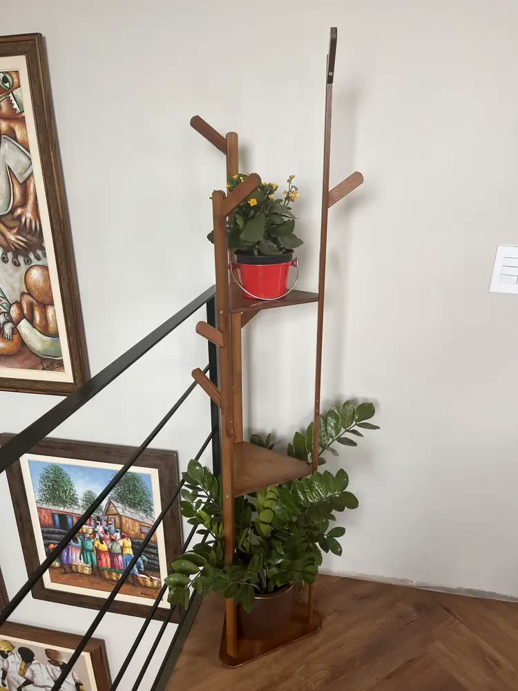 foto de Mancebo Cabideiro Bambu Chão Arara Roupas Prateleira 165cm Bambu Marrom